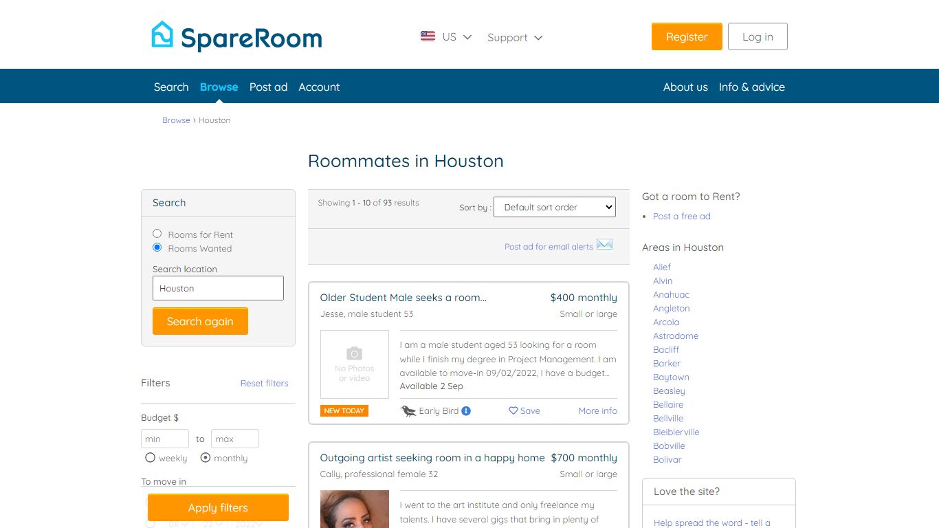 Roommate finder Houston. Roommate wanted? Find roommates in Houston